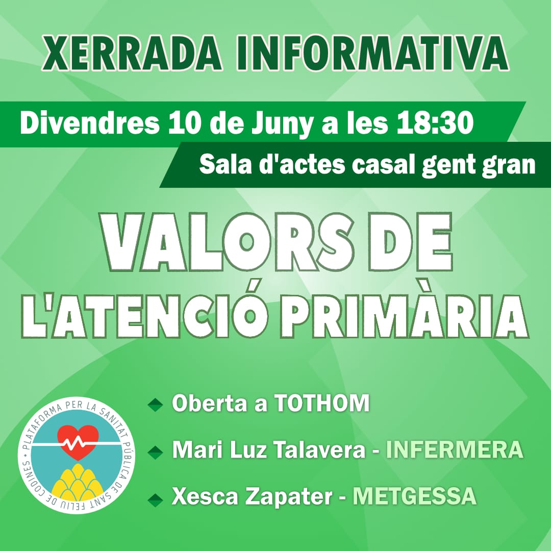 PCodines's tweet photo. Div. 10 a les 18.30h xerrada sobre la precarietat /degradació de la sanitat primària pública al Casal de Gent Gran de S. Feliu de Codines. Comptarem amb la metgessa Xesca Zapater i la infermera Mari Luz Talavera. Xerrada oberta a tothom! No podem faltar! La pública ens necessita! https://t.co/PyTwgtfxKn