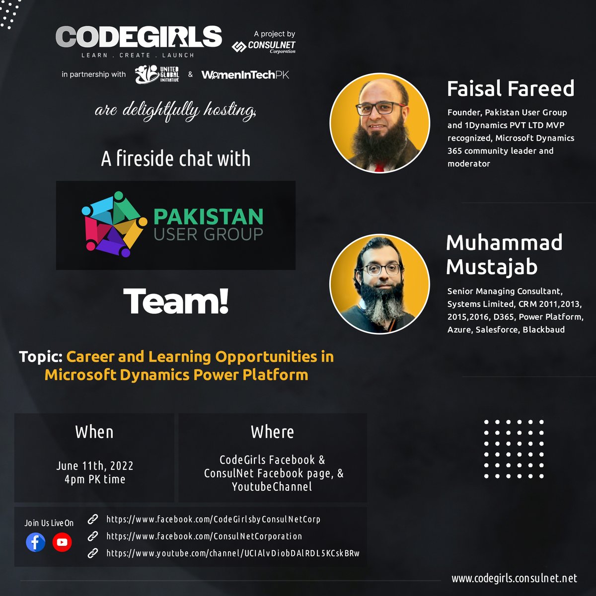 CodeGirls (@codegirlskhi) on Twitter photo "Career and Training Opportunities in Microsoft Dynamics Power Platform"
Send us your questions through this form: forms.gle/dJg8NZwtDm58VWโฆ
Watch the chat live at:
youtube.com/channel/UCIAlvโฆ on June 11th 4pm.
<a href="/PakistanUg/">Pakistan User Group</a> <a href="/shamimrajani/">Shamim Rajani</a> <a href="/Hasnainwalji/">Hasnain Walji</a> <a href="/FaizaYousuf/">Faiza Yousuf</a> "Career and Training Opportunities in Microsoft Dynamics Power Platform"
Send us your questions through this form: forms.gle/dJg8NZwtDm58VWโฆ
Watch the chat live at:
youtube.com/channel/UCIAlvโฆ on June 11th 4pm.
<a href="/PakistanUg/">Pakistan User Group</a> <a href="/shamimrajani/">Shamim Rajani</a> <a href="/Hasnainwalji/">Hasnain Walji</a> <a href="/FaizaYousuf/">Faiza Yousuf</a>