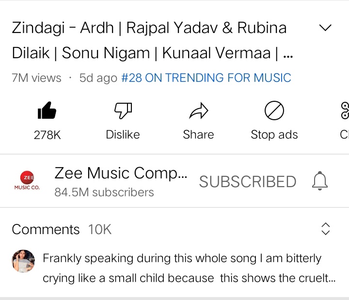 yuvraj_ty's tweet photo. 7M views on #ZindagifromArdh with 278k likes and 10k comment trending on n 28 
Note : keep streaming #SojaChandaRe 
#RubinaDilaik #RubinaDilaikInKKK12 #ArdhOnZEE5 #ArdhOn10June https://t.co/gqxrCiwJcM