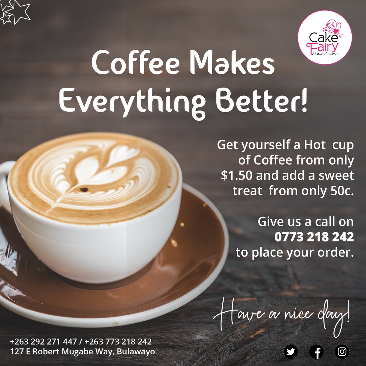 𝗖𝗢𝗙𝗙𝗘𝗘 𝗠𝗔𝗞𝗘𝗦 𝗘𝗩𝗘𝗥𝗬𝗧𝗛𝗜𝗡𝗚 𝗕𝗘𝗧𝗧𝗘𝗥!
Get yourself a Hot cup of Coffee from only $1.50 and add a sweet treat from only 50c.

Give us a call on 0773 218 242 to place your order.
.
 #cakefairyzim #coffee #latte #cuppacino #filtercoffee #cake #bulawayo #vrzmb