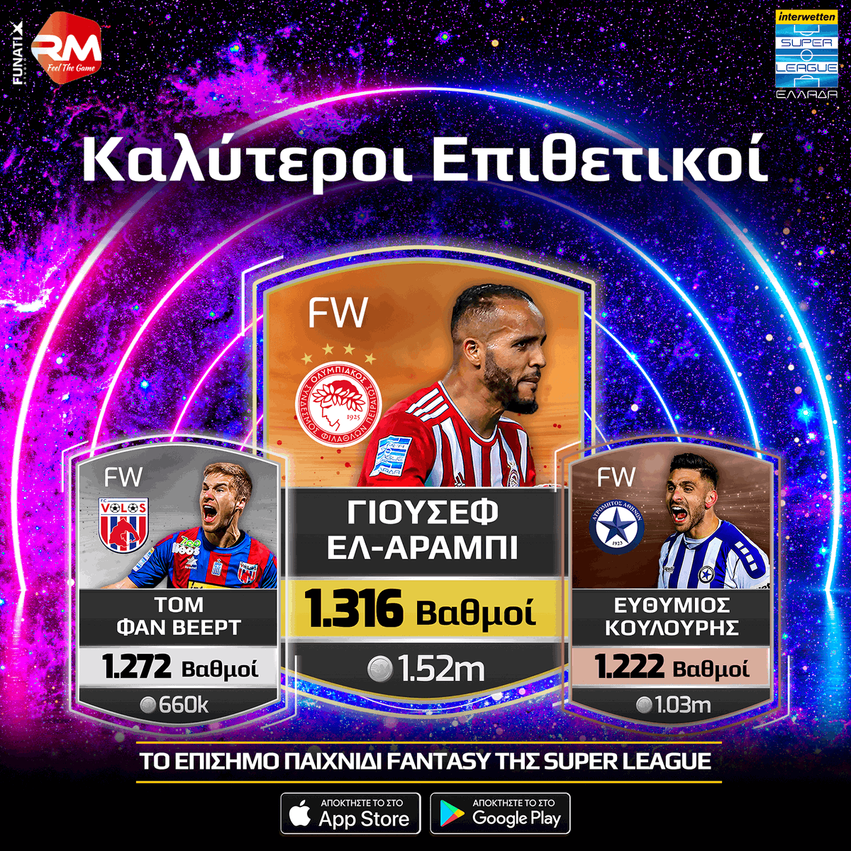 Super_League_GR's tweet photo. 🔝 #slgrfantasy Οι επιθετικοί τους περισσότερους βαθμούς στο επίσημο παιχνίδι Fantasy της #slgr.
1/ Γ. Ελ Αραμπί 1️⃣3️⃣1️⃣6️⃣
2/ Τ. Φαν Βεερτ 1️⃣2️⃣7️⃣2️⃣
3/ Ε. Κουλούρης 1️⃣2️⃣2️⃣2️⃣
#fantasy #Top #Forwards #Season2021_22 #ElArabi #Olympiacos #VanWeert #Volosfc #Koulouris #Atromitosfc https://t.co/ALUUxNRK1m
