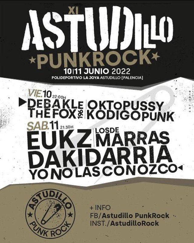 NOS VEMOS ESTE SÁBADO EN <a href="/AstudilloPunk/">Astudillo Punk-Rock</a> JUNTO A @eukzspace, <a href="/Dakidarria/">[DAKIDARRÍA]</a> y <a href="/YoNoLasConozco/">Yo No Las Conozco</a>!!!
Tocaremos a la hora en que la luna le come la oreja al sol, le dice que esa noche no salga, que aún faltan Los de Marras haciendo Guarrocanrol!!! Ná, peña, que tocamos a las 2:10h!!!