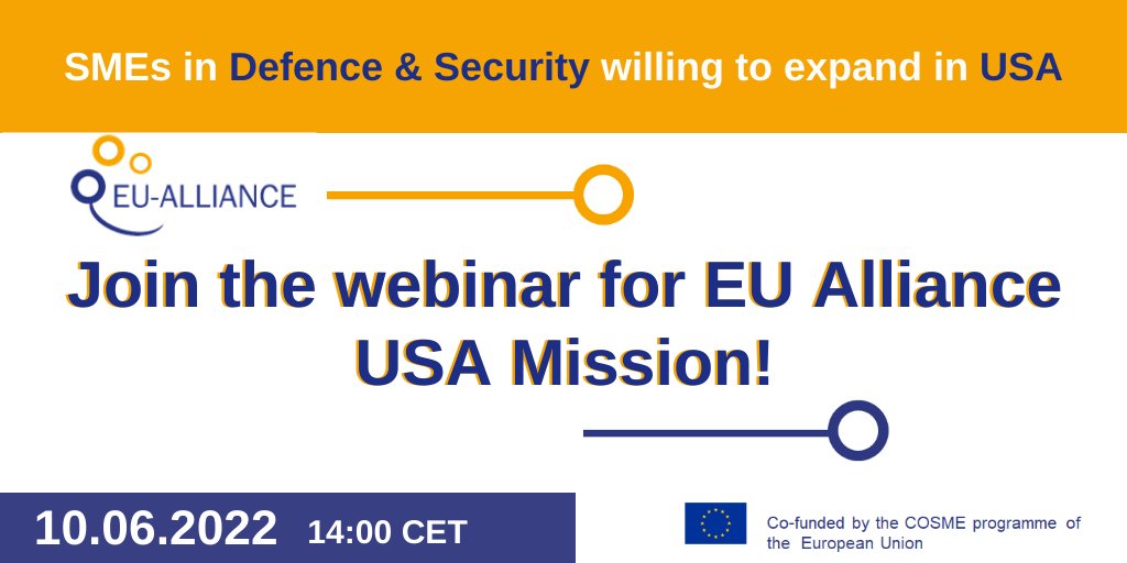 🚨 [J-3 avant le webinaire <a href="/EUALLIANCE_EU/">EU-ALLIANCE</a> pour la mission USA 🇺🇸 ]

 📆 10 juin 
🕧 13h00 - 15h30
Avec Mr Kreinik <a href="/MDBiz/">Maryland Commerce</a> &amp; les attachés #EuDefence Cooperation aux US 🎙️

Inscrivez-vous ici 👉 bit.ly/3sLIdkj

cosigné par <a href="/pole_systematic/">Pôle Systematic</a> !