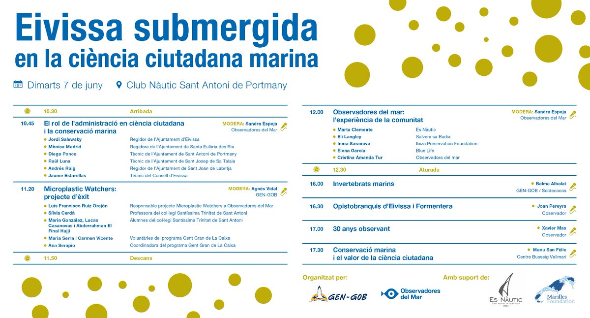 Et recordem el programa de la jornada #EivissaSubmergida que avui, a partir de les 10.30 h, es celebra a <a href="/esnautic/">Es Nàutic Sant Antoni</a>. Organitzen <a href="/GENGOB_SEA/">Servei d'Educació Ambiental, GEN-GOB Eivissa.</a> i <a href="/obsdelmar/">Observadores del Mar</a>. #SalvemSaBadia presentarà el treball de custòdia marina amb voluntaris
👉 buff.ly/38CaLpw
#EstimSaBadia #Eivissa #Ibiza