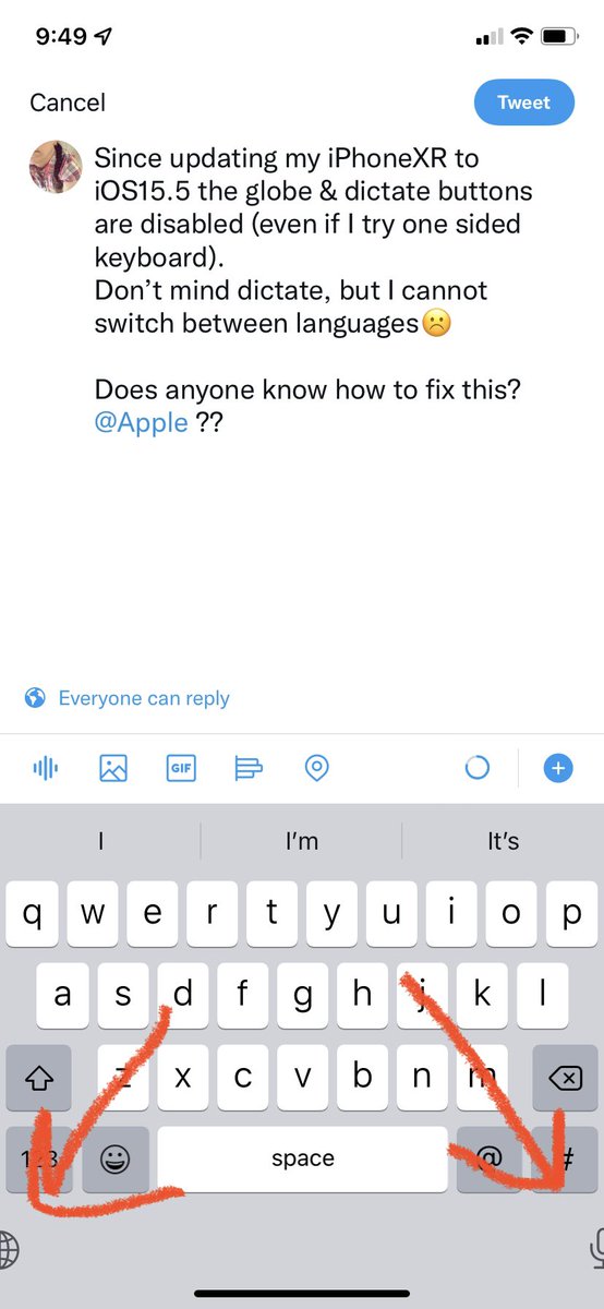 Since updating my iPhoneXR to iOS15.5 the globe & dictate buttons are disabled (even if I try one sided keyboard). Don’t mind dictate, but I cannot switch between languages☹️ Does anyone know how to fix this? @Apple ??