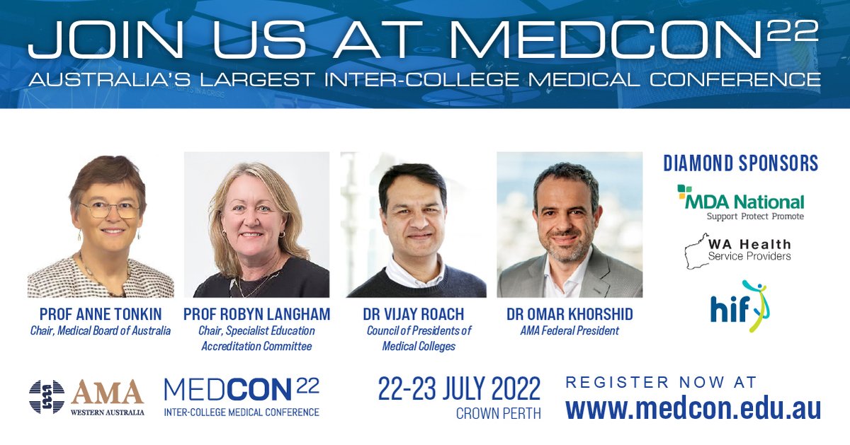 Look at this <a href="/MedCon_WA/">MEDCON</a> line-up! With speakers such as Prof Anne Tonkin, Prof Robyn Langham, Dr Vijay Roach &amp; Dr Omar Khorshid, you won't want to miss it. Register today for early bird tickets.
#medcon22 #amawa #keynotespeakers #australianmedicalconference medcon.edu.au/conference/