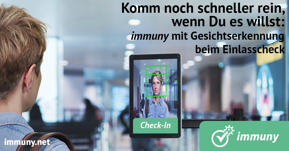Lass den Nachweis stecken - #immuny mit KI-gestützter #Gesichtserkennung.
➡️2G, 2G+ oder 3G-#Einlasschecks #sekundenschnell
➡️Sofortcheck für alle Nachweise
➡️Geprüfte Identitäten
➡️Zuverlässige Gesichtserkennung auch mit #FFP2-Maske
immuny.de