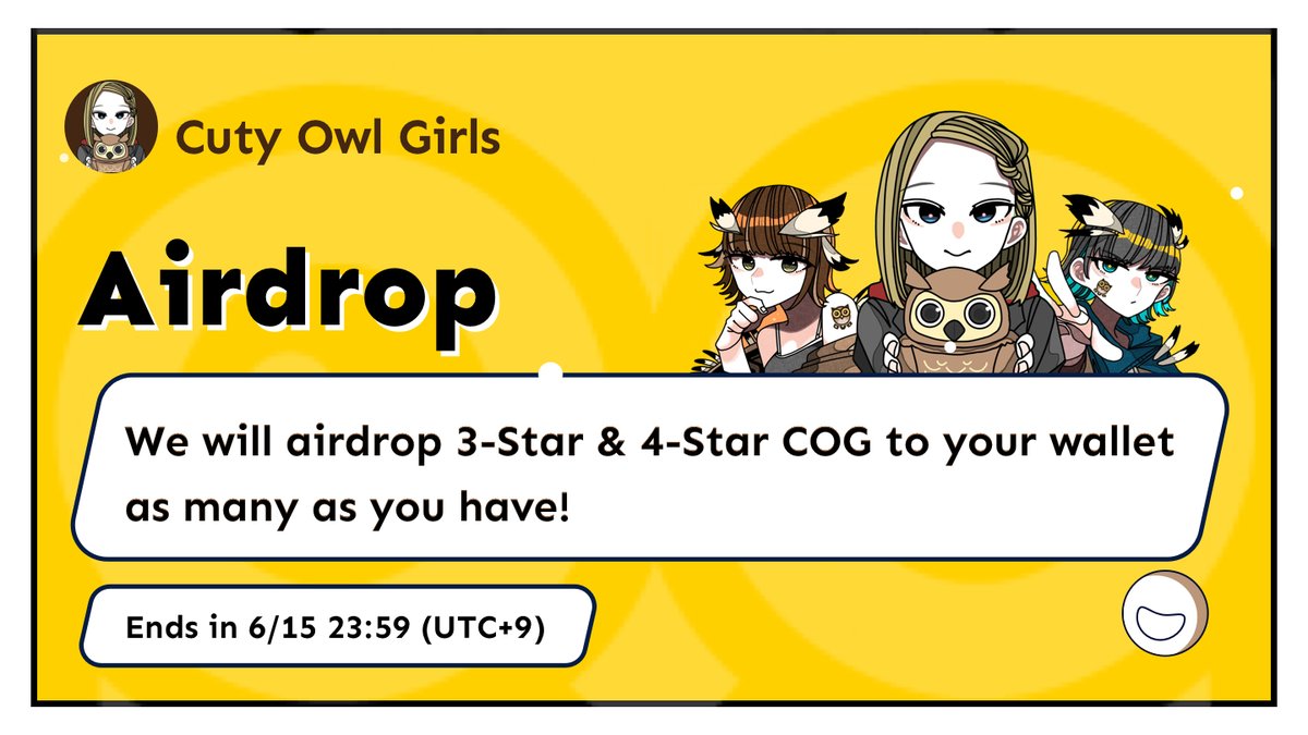 💥BANG💥
Good news for COG holders!

⏳6/15 23:59 (UTC+9)
At the end of 6/15, #OVO will Airdrop #COG NFTs to your wallet as many as you have (⭐️3  &amp; ⭐️4)
🚀🚀🚀
No time to waste
Get Mystery Box and start Genesis and Fusion NOW🔥

Mystery Box
ovobsc.ovo.space/#/collection/c…

#NFTGiveaway