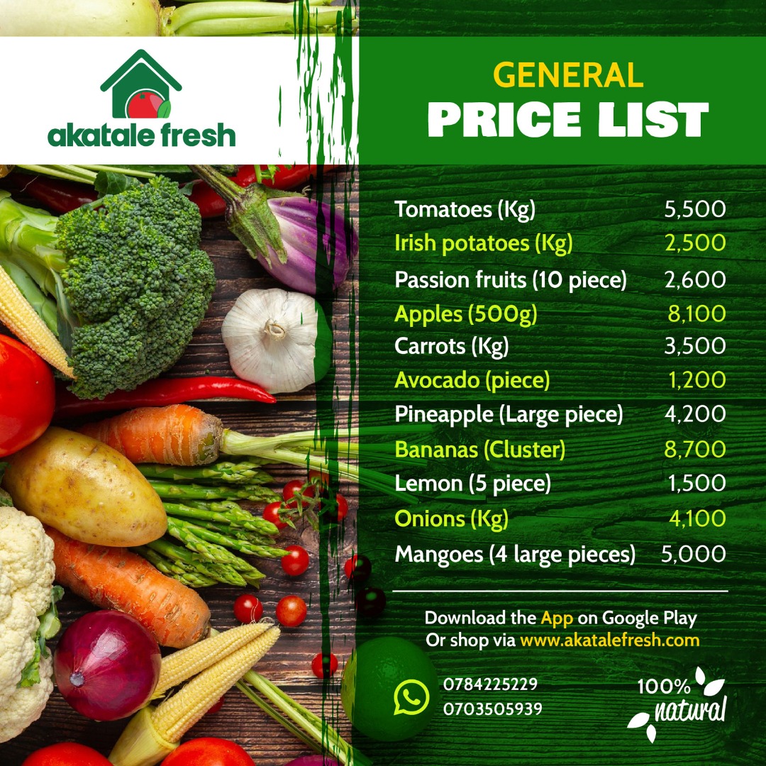 AkataleApp's tweet photo. Check out our amazing prices on the Akatale Fresh App👉🏾 https://t.co/Fz89PnPAaG or https://t.co/BOappDD8hb

Contact us on 0784225229/0703505939. 

#freshfood #delivery #kampala #akatale https://t.co/EdwVuv4lqQ