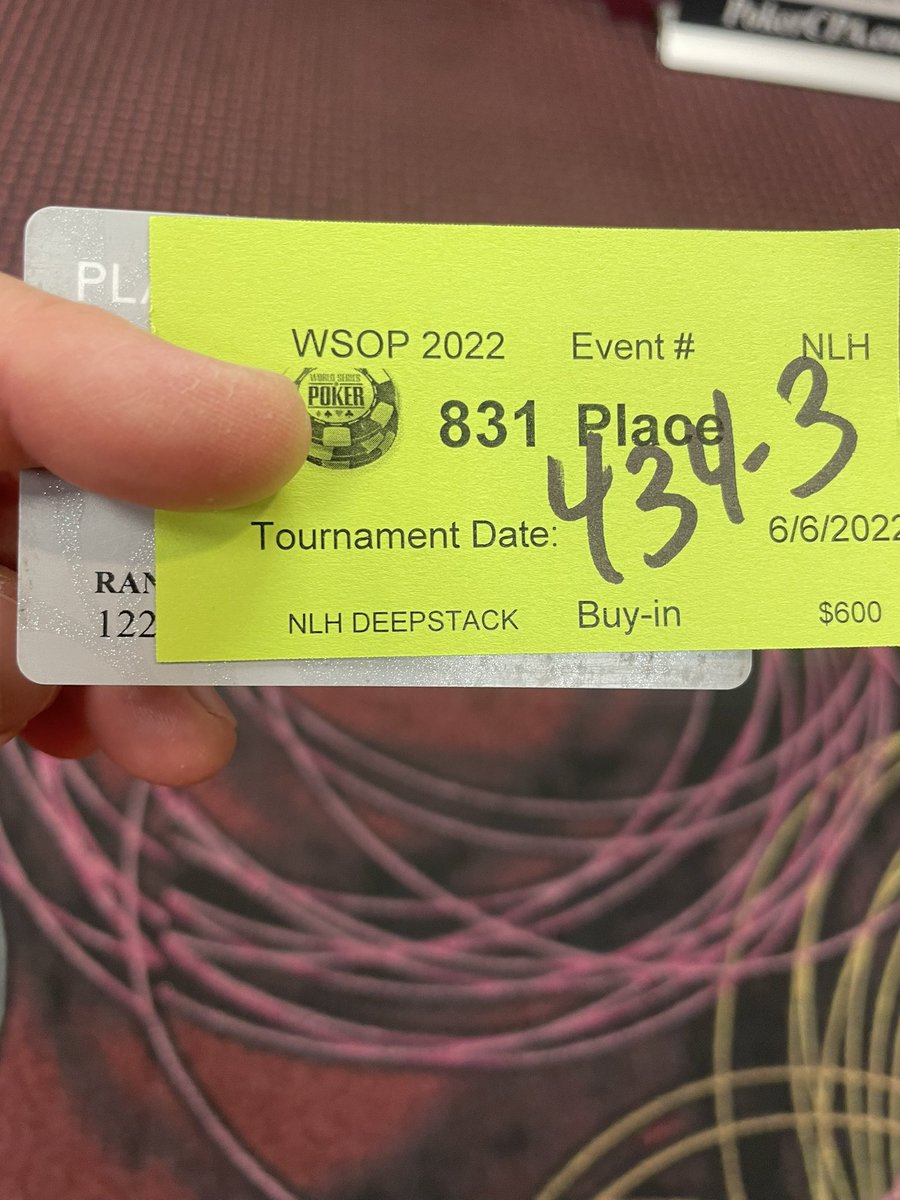 Placed 831st (min cash) out of a field of 5715 players. AK < 55 board 259AT 😞 What an awesome day! I’m beat, ready for a 🍺 or two or three <a href="/ParisVegas/">Paris Las Vegas</a> @Ballysvegas <a href="/WSOP/">WSOP - World Series of Poker</a>