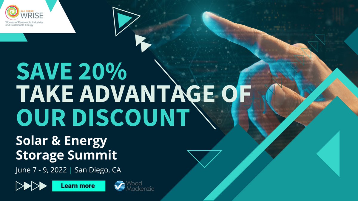 WRISE_SD's tweet photo. Another Opportunity to #WRISE with us!
@WRISE_SD Chapter will be at the @WoodMackenzie #Solar & #Energy #Storage #Summit
June 7 - 9th 2022
Thursday, June 9th @ 3:30pm
Cays Lounge (at Loew's #Coronado Hotel)
Use code WRISE20 for a 20% discount
https://t.co/QVPEnGuFf7
@WRISEnergy https://t.co/KuWaUEFoim
