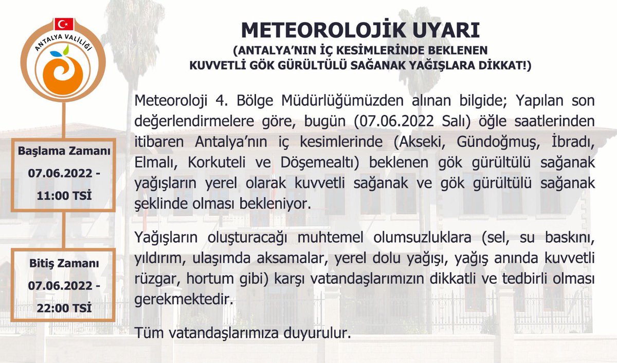 ⚠️Meteorolojik Uyarı⚠️

🌧️ ☔️ 🌪️ 🌩️ 

 Kuvvetli ve Gök Gürültülü Yağış Uyarısı 🌨☔️🌨