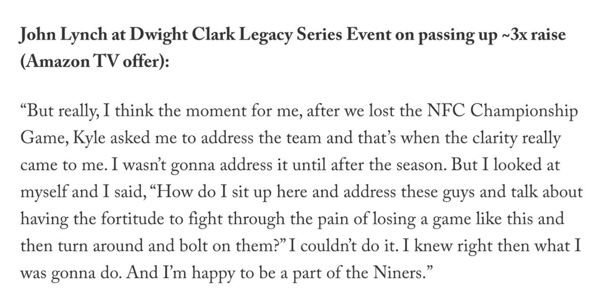 RaczSports's tweet photo. John Lynch was reportedly offered ~$15m annually to leave 49ers to broadcast for Amazon. 😳

Why did Lynch turn it down? 

#49ers #nfl #NFLNews https://t.co/BhbmoEIeiw