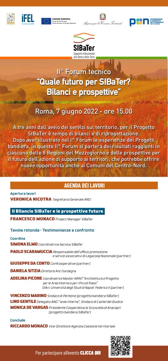 ⏰Appuntamento oggi alle 15 con il II° Forum tecnico “Quale futuro per SIBaTer? Bilanci e prospettive”. Vi aspettiamo per raccontarvi i risultati raggiunti fino ad oggi e le possibili prospettive future del Progetto.

Per seguire l'evento in diretta 👉streamliveevents.it/7giugno2022/