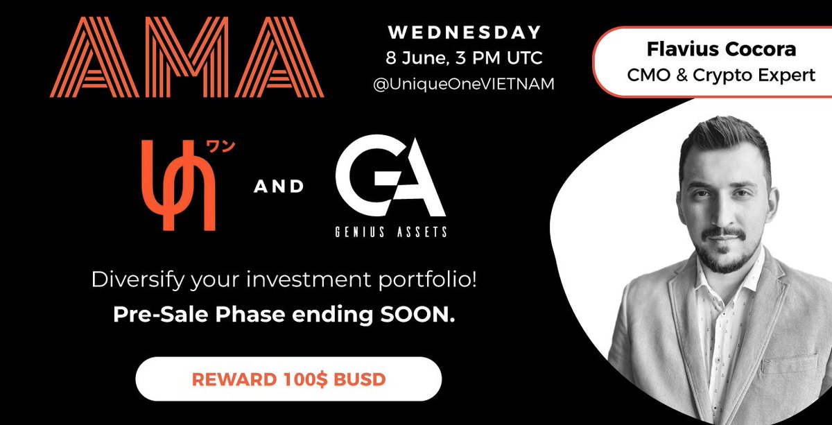 ✅We're pleased to announce our next AMA with  Genius Assets

Venue : t.me/UniqueOneVIETN…

🗓Date : 8th June 2022
⏱Time : 3 PM UTC | 22:00 GMT +7

Follow Twitter:
@UniqueVietNams
<a href="/GeniusAssets/">Genius | X-GeniePool</a>

Like, Retweet, Ask a question and Tag 2 friends. up to 3 questions
