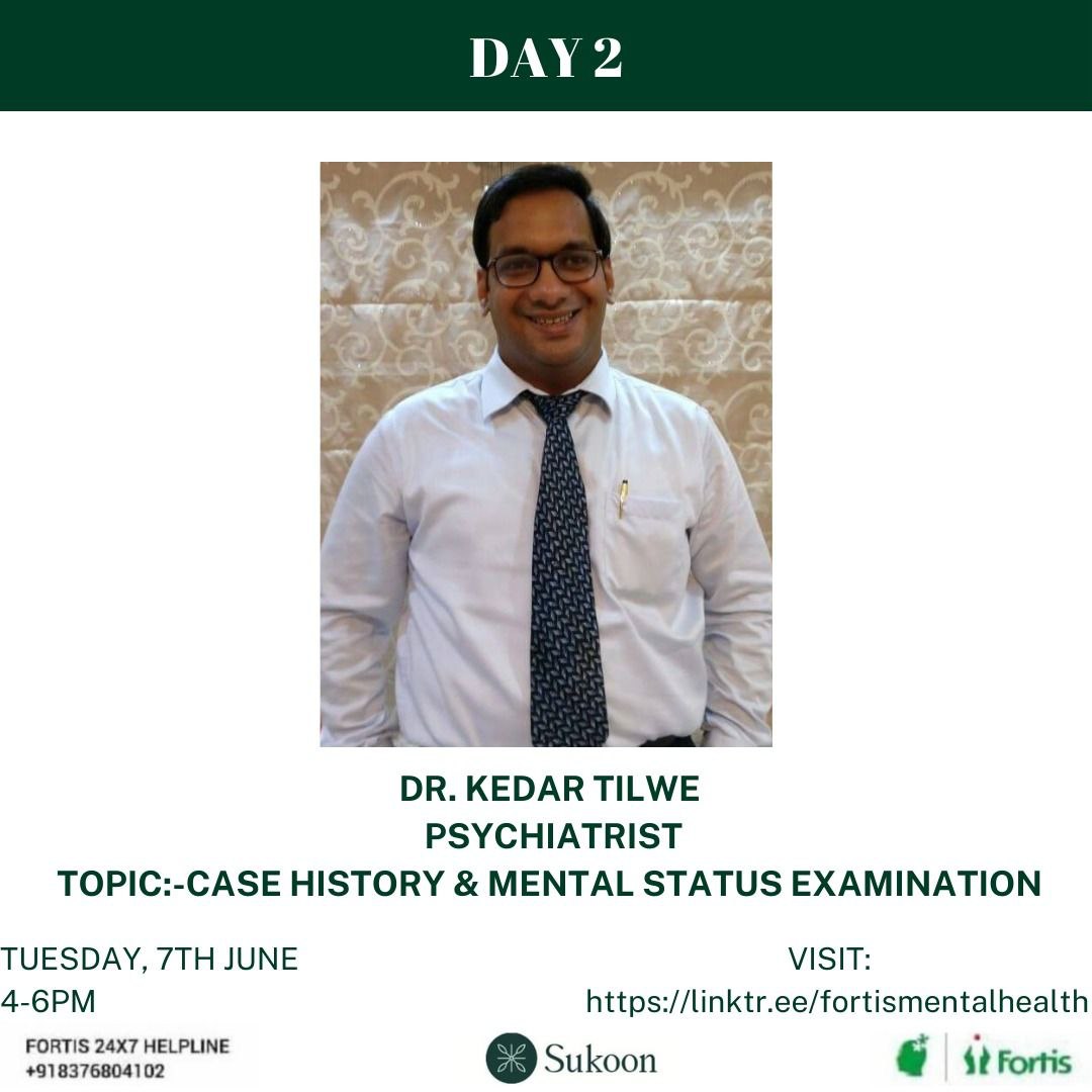 Join <a href="/tilwe_kedar/">Dr Kedar Tilwe</a> at the 15 day online internship in #psychology at 4pm today for a session on Case History and MSE

Sign up at linktr.ee/fortismentalhe…

#mindspace
#Summerof2022
<a href="/dr_samirparikh/">Dr. Samir Parikh 🇮🇳</a>
