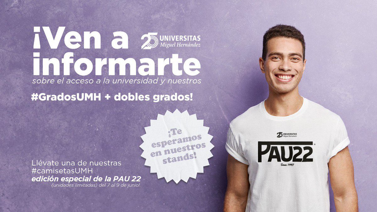 UniversidadMH's tweet photo. ¡Mucha suerte para la #PAU22! 🍀🤞
Si quieres informarte sobre nuestros #GradosUMH y llevarte una camiseta GRATIS, pásate por nuestros stands 😎 ¡Te estamos esperando! https://t.co/mz5E3C3uSC