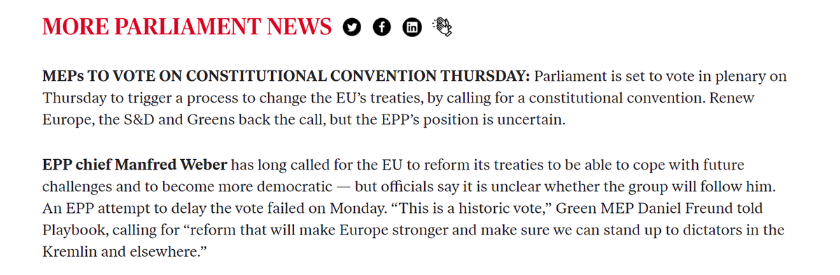 Conf_Observ's tweet photo. .@POLITICOEurope reports: "Parliament is set to vote in plenary on Thursday to trigger a process to change the EU’s treaties, by calling for a constitutional convention. @RenewEurope, @TheProgressives & @GreensEFA back the call, but the @EPPGroup's position is uncertain."
#CoFoE https://t.co/54ZoUdh6k0