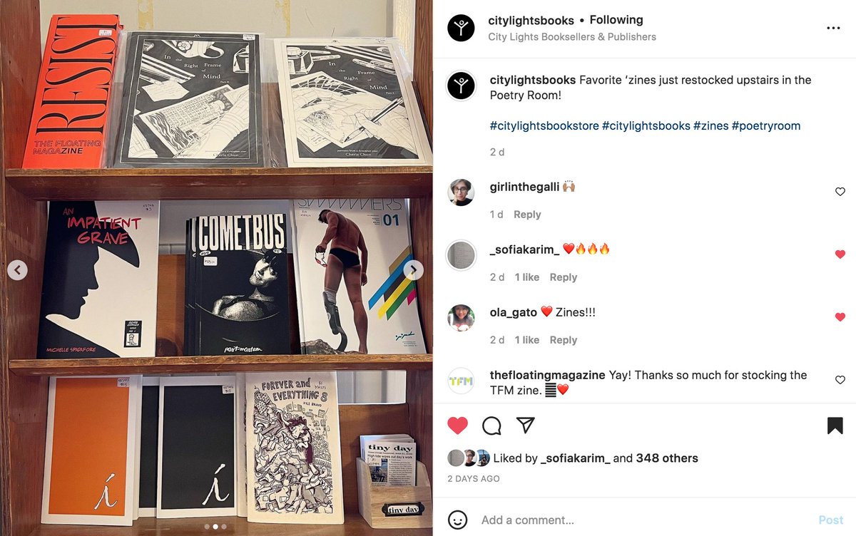 TFM Resistance Zine now available at the City Lights bookstore in San Francisco - the iconic indie bookstore &amp; publisher specializing in world lit, the arts &amp; progressive politics ❤️ <a href="/CityLightsBooks/">City Lights Books</a> <a href="/thefloatingmag/">thefloatingmagazine</a>