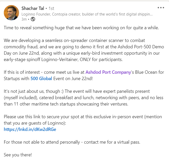Loginno_'s tweet photo. Please use this link to secure your spot at this exclusive in-person event (mention that you are guests of Loginno):
https://t.co/SQpUsZq3QO
@ashdodport https://t.co/OY1nsxH3Km