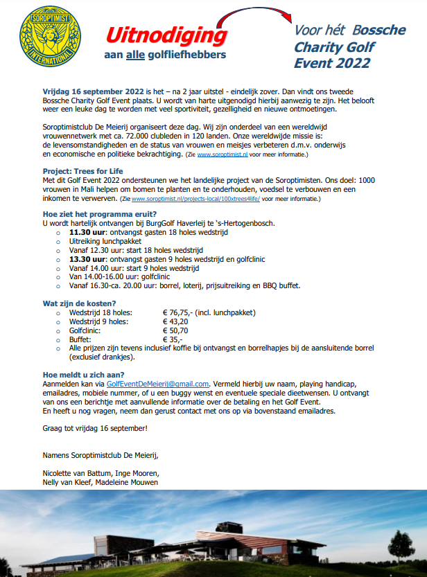 Hét Bossche Charity Golf Event, eindelijk weer na 2 jaar: vrijdag 16 september 2022. U bent van harte uitgenodigd! Het belooft weer een leuke dag te worden met sportiviteit, gezelligheid en ontmoetingen. 
#golf <a href="/BGHaverleij/">BurgGolfHaverleij</a> <a href="/shertogenbosch/">'s-Hertogenbosch</a> #goededoelen <a href="/Sor_Meierij/">Soroptimist Meierij</a>