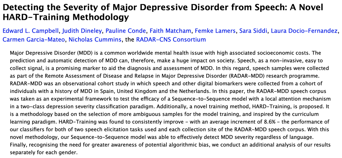 Got a new preprint on arXiv, which introduces HARD-Training. When classifying depression severity from speech, we demonstrate there can be an increase in classifier performance when using just the training samples nearest the decision boundary: arxiv.org/abs/2206.01542
