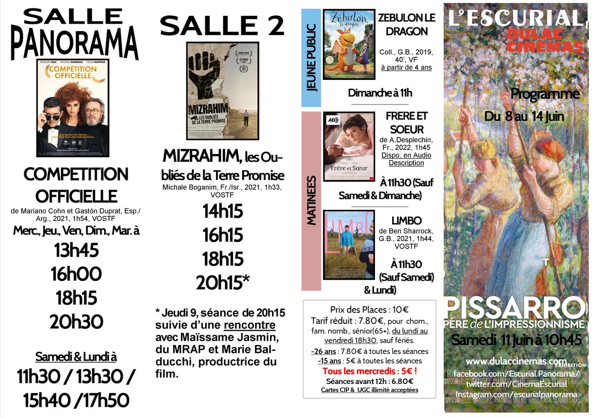 CinemaEscurial's tweet photo. Le Programme de l'Escurial, à partir de demain ! 

Les Mercredis, c'est 5€ pour toutes et tous, à toutes les séances ! 😍
(à l'Escurial, et dans les salles @dulaccinemas )

#Escurial #ArtetEssai #Paris5 #Paris13 #competitionofficielle #Mizrahim #limbo #frereetsoeur #pissaro https://t.co/aqhiXACQ3K