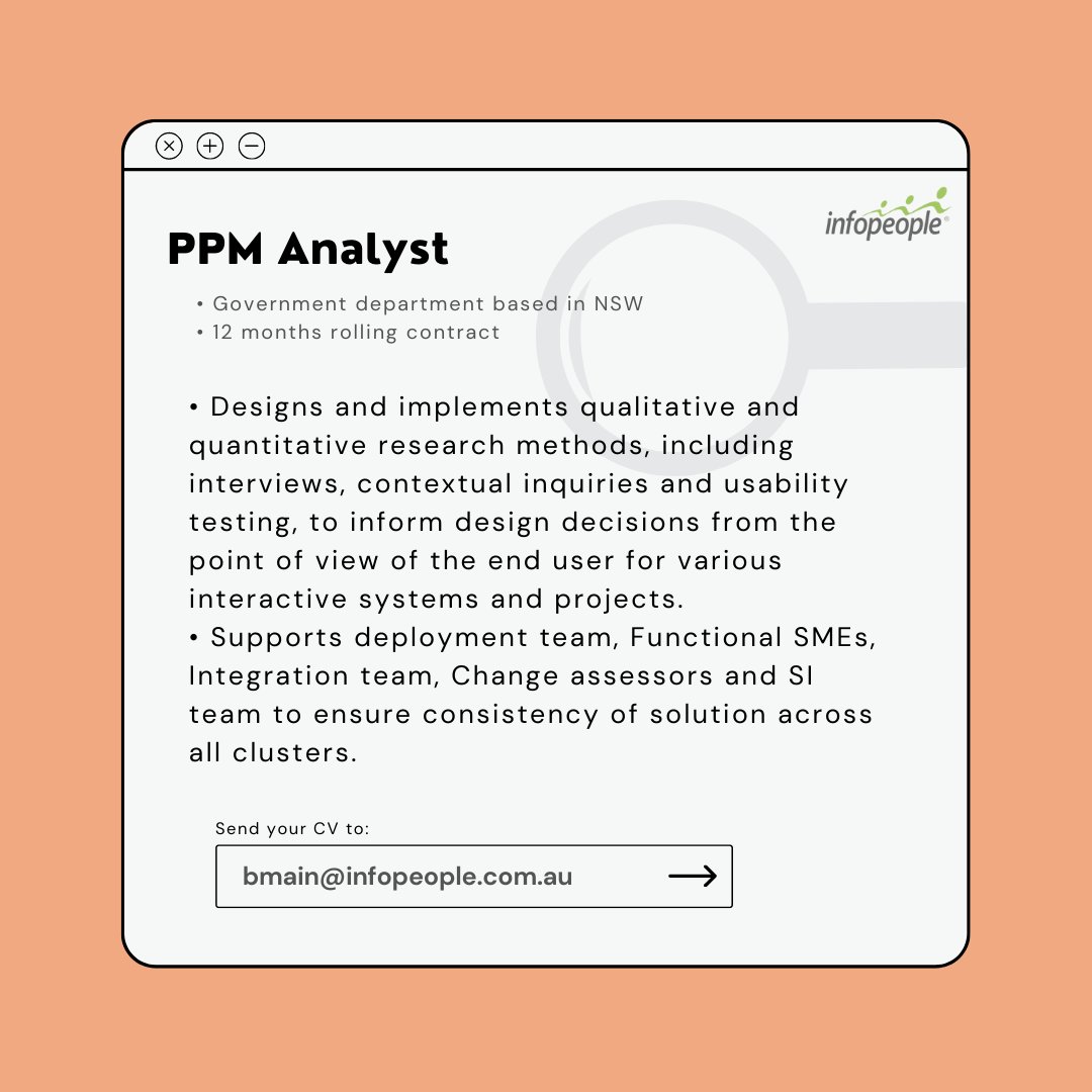 Infopeopleau's tweet image. We are hiring!

Title: PPM Analyst
Location: Government department based in NSW
Duration: 12 months rolling contract

To know more about the role, please reach out to Ben Main at 02 8227 4513 / bmain@infopeople.com.au. Thank you!

#hiring #FunctionalAnalyst