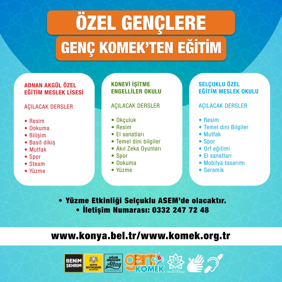 Genç KOMEK'ten sadece Özel Öğrencilerimize gerçekleştirilecek yaz okulu kayıtları başladı.
Kayıtlar 19 Haziran’a kadar komek.org.tr adresi üzerinden alınacak.

#komekkonya #gençkomek #özeleğitim #özeleğitimetkinlik