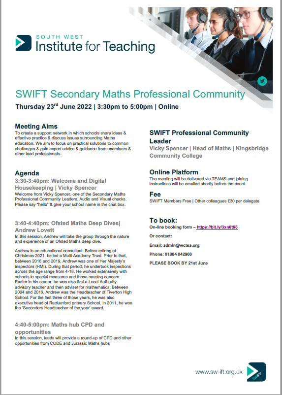 SWIFT Secondary Maths Professional Community meeting: Thursday 23 June 2022 | 1530 - 1700 | Online.
⭐️Ofsted Maths deep dives.⭐️
Booking | bit.ly/3xn0t68
Join us! #mathscpdchat #Maths #CPD <a href="/wctsa/">West Country TSA</a>
