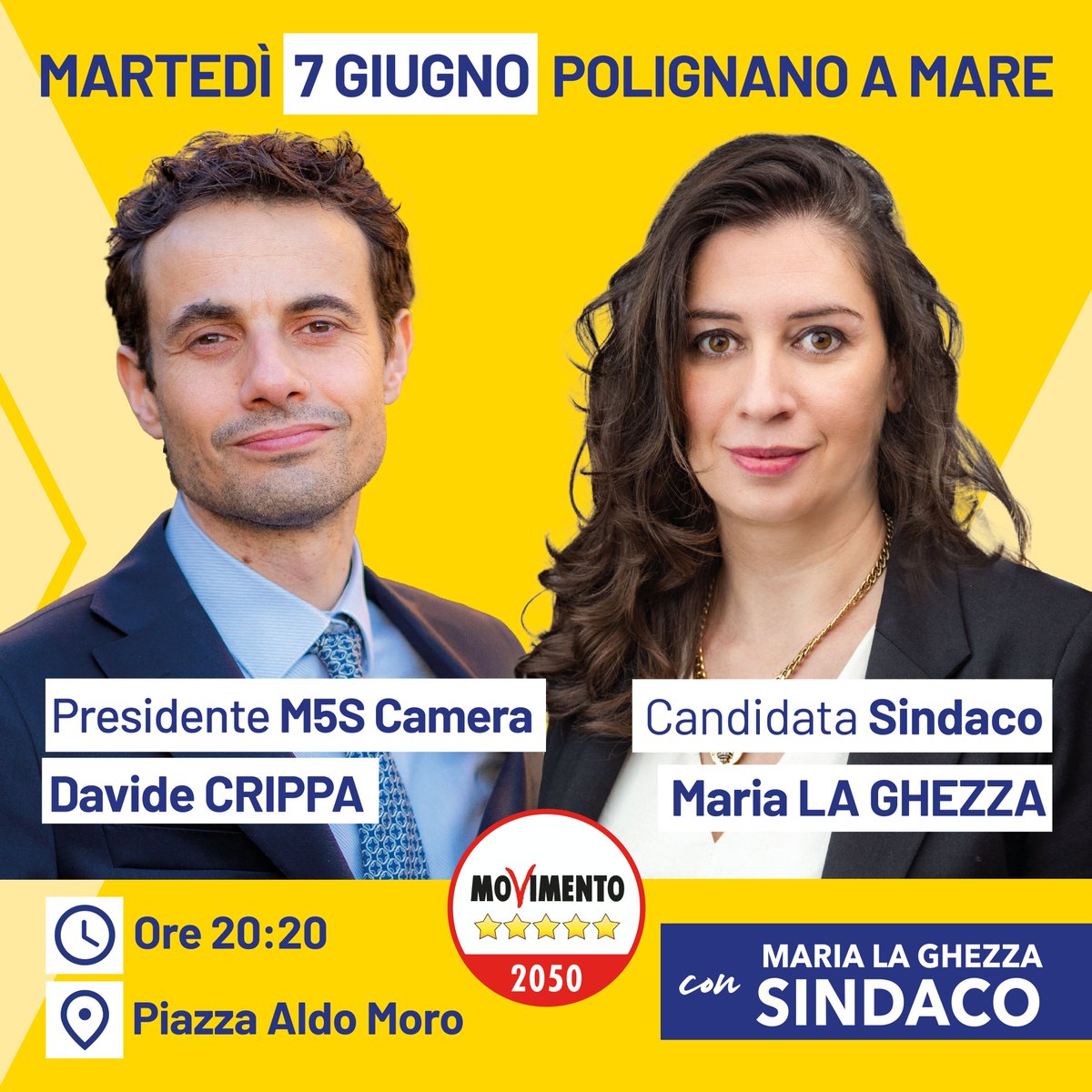 Maria_La_Ghezza's tweet photo. Anche oggi saremo sul palco! Parleremo di #sport, vivibilità, spettacolo e approfondiremo il nostro programma elettorale. Con noi il deputato Davide Crippa, presidente @M5S_Camera, che sostiene il nostro 'Progetto Civico'. Appuntamento ore 20:20 in piazza Aldo Moro. Non mancate! https://t.co/MopLcCYiTO