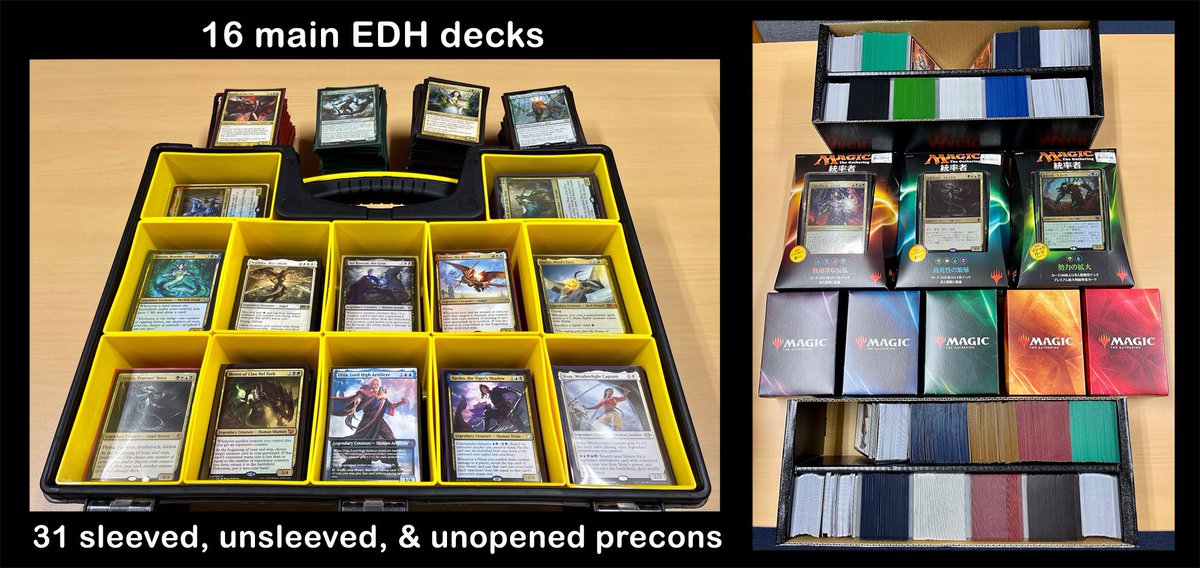 LeroyHayabusa's tweet photo. I think I might have too many decks… #Magic #mtg #MagicTheGathering #MagicCardCollection #MagicCards #unsleeved #Modern #Legacy #EDH #Commander #Standard https://t.co/jlMeeH41RH