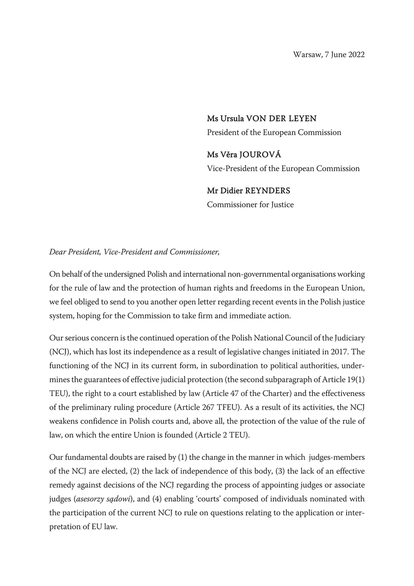 In an open letter, Polish and international civil society organisations urge the Commission to launch an infringement proceedings with respect to Poland's sham National Council of the Judiciary.

🔹 Full letter: ruleoflaw.pl/open-letter-to…