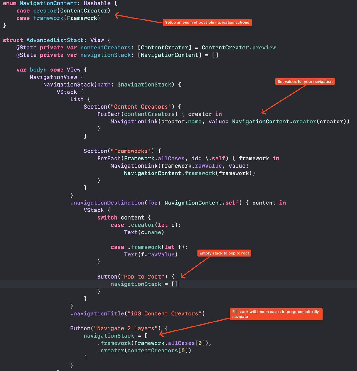 FloWritesCode's tweet image. A quick reference to programmatic navigation in iOS 16 &amp;amp; SwiftUI.

- Setup enum for navigation states
- Add value to NavigationLinks
- Empty array to pop to root
- Add arbitrary enum cases to programmatically navigate (multiple layers)

Intro Video: youtu.be/DMsALlhObNk