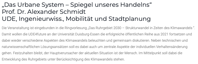 As part of the Essener #Wissenschaftssommer2022 and #UDE4future's lecture series, Prof. Dr. A. Schmidt talked about the #urban system as a mirror of our actions, esp. in the #Ruhrgebiet. The video will soon be available online.
👉wissenschaftsstadt-essen.de/events/vorlesu…
👉uni-due.de/ude4future/rin…