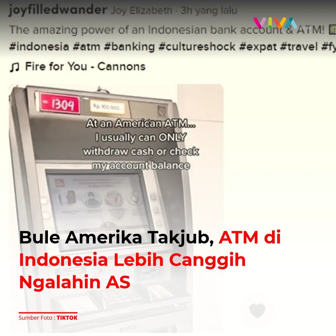 Viral seorang wanita warga negara Amerika Serikat jatuh cinta dengan canggihnya ATM di Indonesia.

Wanita tersebut bernama Joy Elisabeth. Di akun TikToknya, dia mengaku kagum dengan berbagai fasilitas yang bisa dilakukan hanya di ATM. buff.ly/3Q2Mji6
