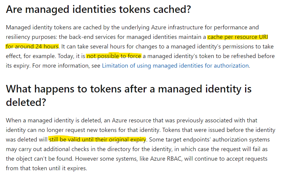 Thomas_Live's tweet photo. I really like to use #ManagedIdentities for #Azure resources because of the benefits in lifecycle and credentials management. Nevertheless, some dependencies &amp; limitations should be considered.
For example, token cache and enforce #AzureAD token refresh:
https://t.co/XeLZC0cV07 https://t.co/7oKVOXRMwR
