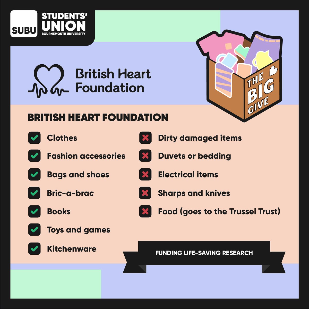 SUBUBournemouth's tweet photo. We’re collecting items on behalf of the British Hearth Foundation, The Trussell Trust and Faithworks Wessex as part of SUBU’s Big Give
Drop off your unwanted items at our designated charity bins around Talbot campus, within Halls of Residence or in Winton
https://t.co/h1jg8CmXIg https://t.co/SwqzXga3rG