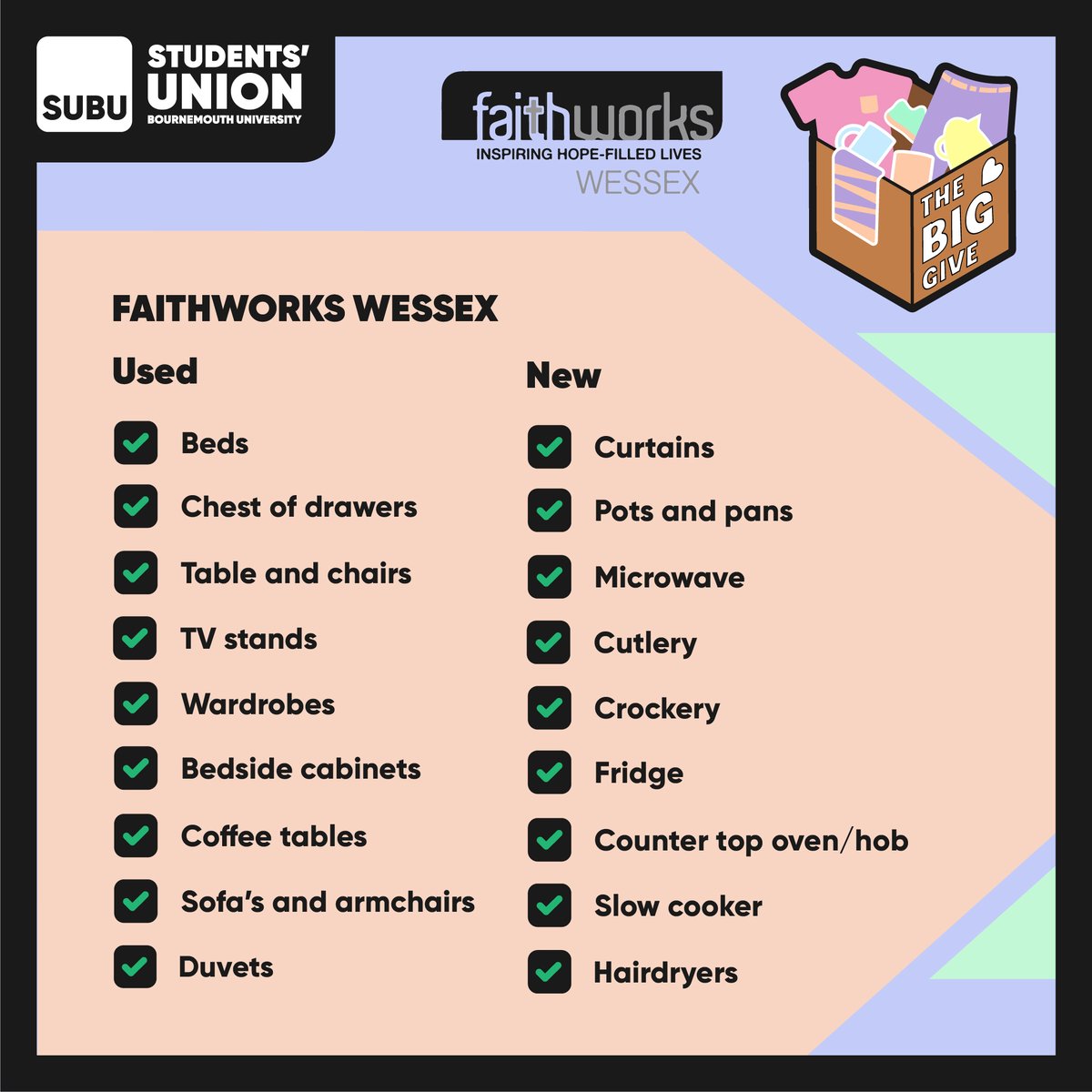 SUBUBournemouth's tweet photo. We’re collecting items on behalf of the British Hearth Foundation, The Trussell Trust and Faithworks Wessex as part of SUBU’s Big Give
Drop off your unwanted items at our designated charity bins around Talbot campus, within Halls of Residence or in Winton
https://t.co/h1jg8CmXIg https://t.co/SwqzXga3rG