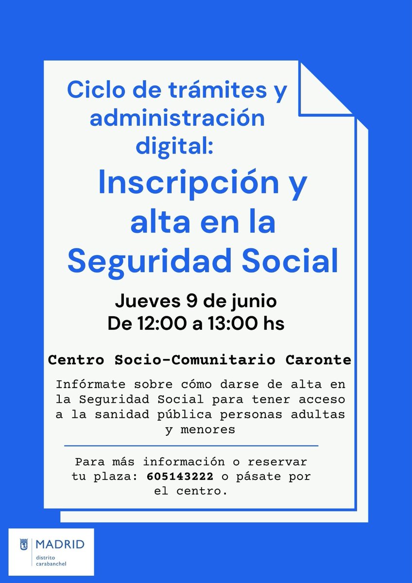 ¿Quieres inscribir a menores o a adultos en la Seguridad Social y no sabes cómo?¿Hay personas de tu familia sin tarjeta sanitaria o número de la seguridad social?
*jueves 9 de junio a las 12:00 hs* 
Taller en el *Centro Socio-Comunitario Caronte* ¡Reserva tu plaza! ✨