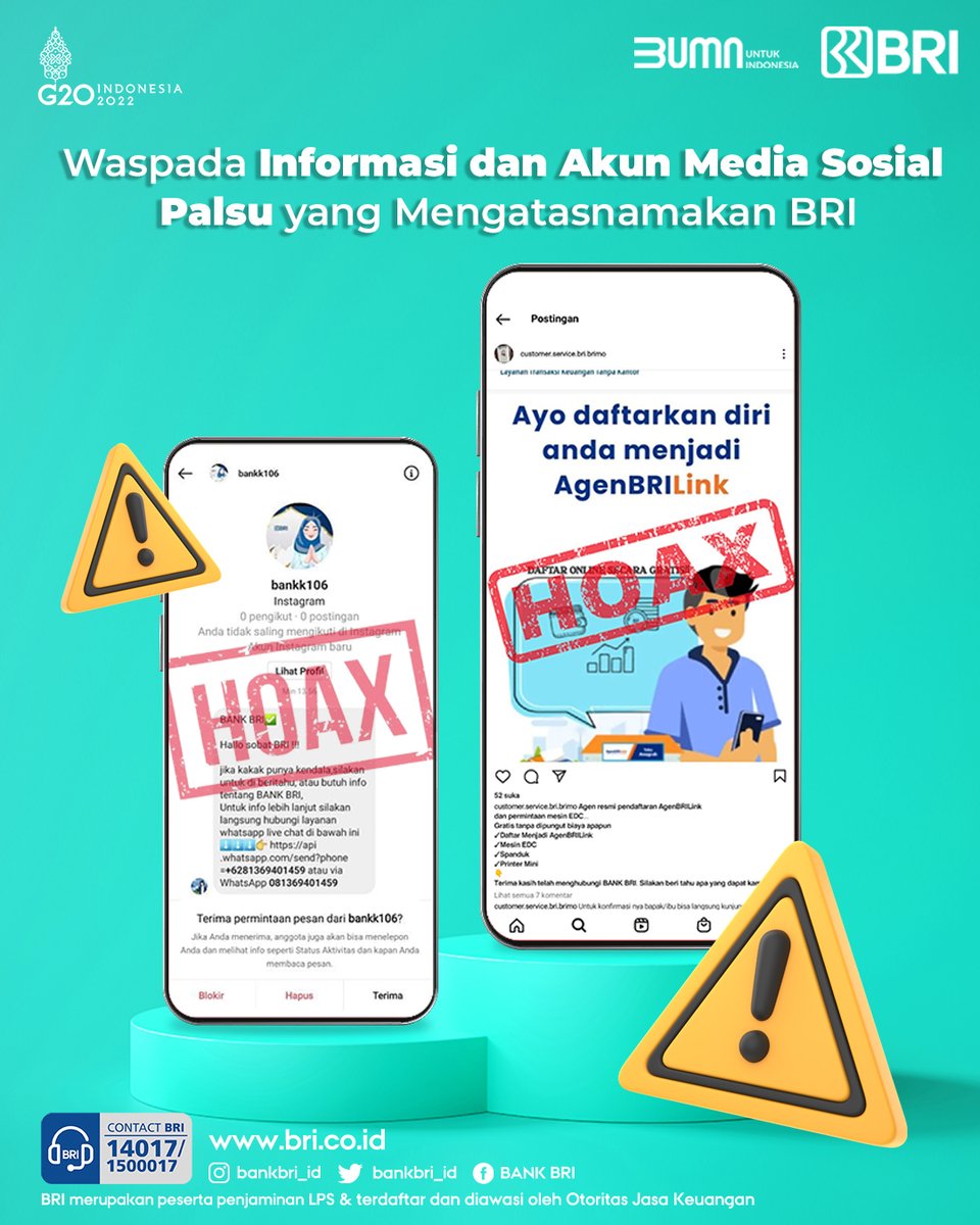 kontakBRI's tweet photo. Sobat BRI. Hati-hati terhadap akun palsu yang mengatasnamakan BRI, jangan pernah klik Link atau tautan yang dikirimkan oleh akun palsu. Akun resmi BRI hanya yang bercentang biru (Verified).

#BRIEdukasi https://t.co/jwImVUp2CP
