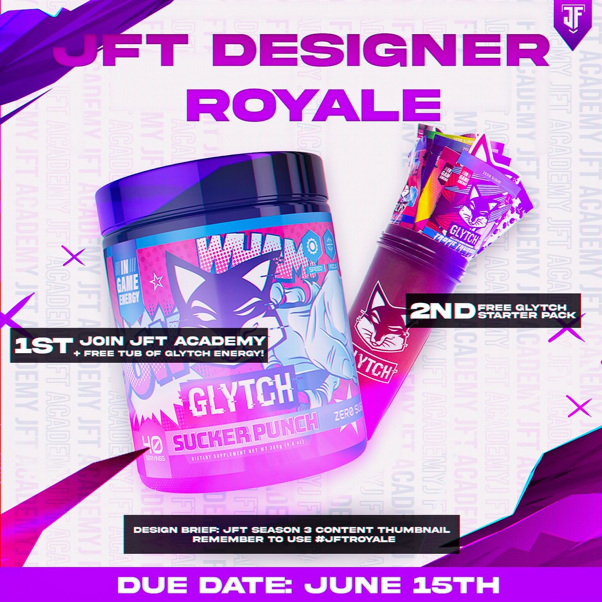 JFTacad's tweet photo. JFT Designer Royale!

Open Round -
Brief: Create a JFT season 3 based content thumbnail.

The top 4 will move on to the next round. Also when tweeting your submission please remember to use #JFTRoyale

Winners will be chosen on the 15th of June https://t.co/yI0OtOJmMp