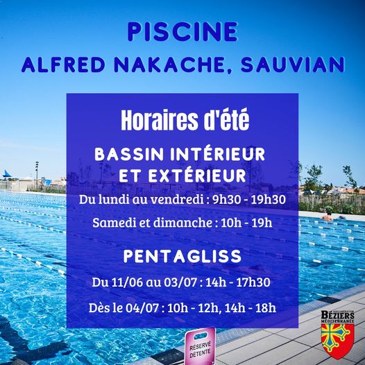 Agglo_Beziers's tweet photo. #SAUVIAN 
🏊‼ A partir du 11 juin la piscine Alfred Nakache passe en horaires d'été ‼
👉 Plus d'informations ici : https://t.co/pbCEtQw7Oj https://t.co/VXVyCOSvyp