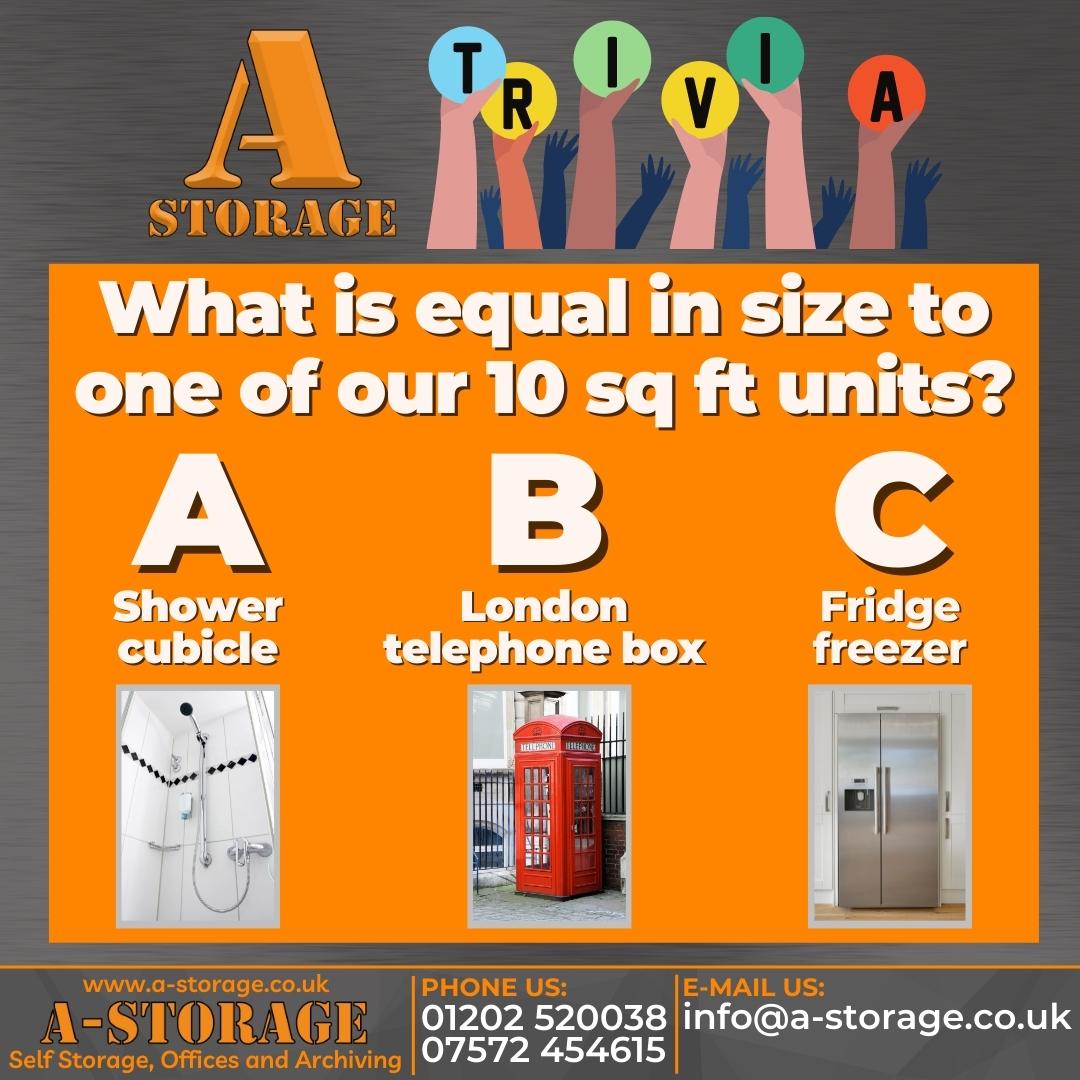 AStorageDorset's tweet photo. Welcome to A-Storage trivia! For our first question, what is equal in size to one of our 10 sq ft units? 

If you would like to learn more about our storage units please contact our friendly team on 01202 520038 or visit https://t.co/l5lNlNbbYW https://t.co/QifjVYEJlB