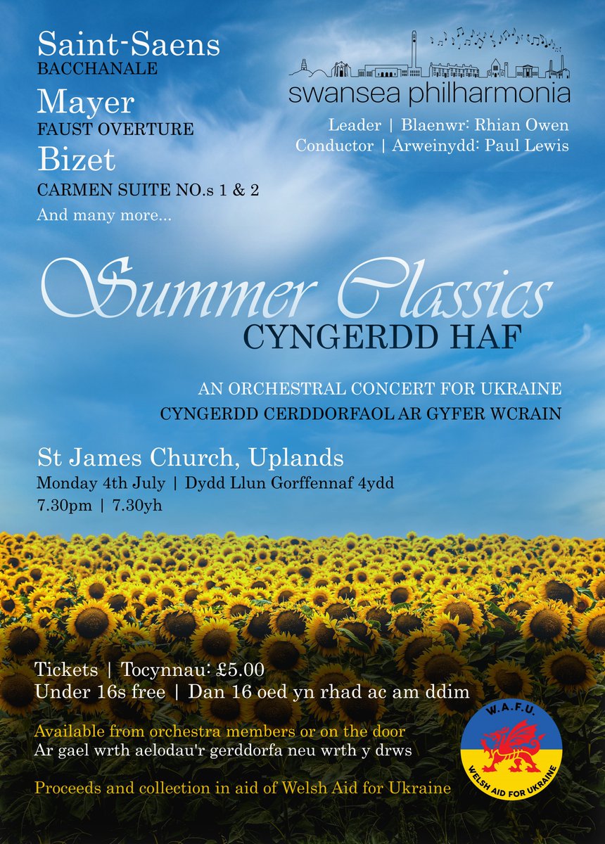 Join us for our Summer Classics concert on July 4th, St James' church, Uplands. 
Proceeds and collection for <a href="/wafu_aid/">Welsh Aid For Ukraine (WAFU)</a>.
