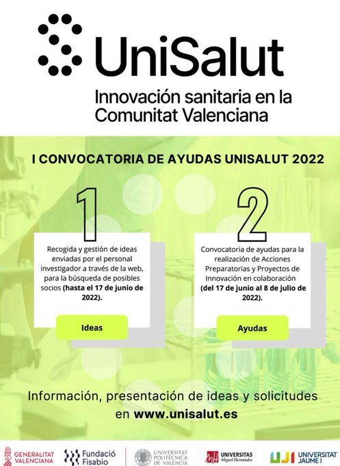 SaforSalut's tweet photo. 💡🏥Ya podéis presentar ideas sanitarias y ver las presentadas a través de la web UniSalut, muy interesante para personal investigador y sanitario de @UPVCampusGandia @GVAhgandia @gvalapedrera
📲https://t.co/EHsztvFYqw
#SaforSalut #UniSalut2022 #UPVGandiaCiencia https://t.co/QeDVr12ICJ