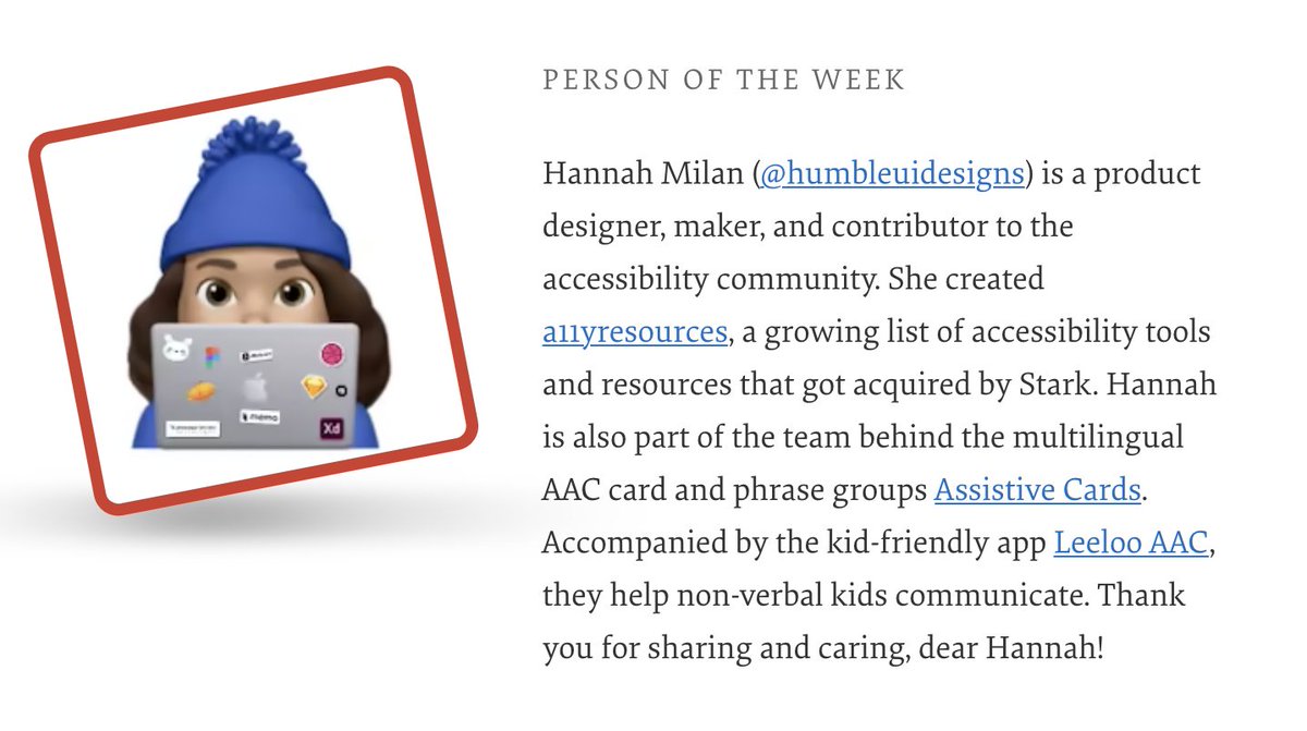 smashingmag's tweet photo. Have you spotted our Person of the Week already? Please give a round of applause for Hannah Milan, product designer, maker, and accessibility advocate.

Thank you for everything you do for the community, dear @humbleuidesigns!

#smashingcommunity https://t.co/wdPHeZhu10