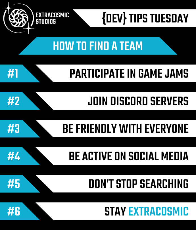 ExtracosmicS's tweet photo. Hey, hey it's #DevTipsTuesday! 

We at ExtraCosmic Studios are glad to have come together as creative and like-minded teammates. 🤩

So, for this week we'll give you some #Tips from our personal experience on how to find an #indiedev team to develop your dream #game with 🎉 https://t.co/96Ln0UYNrs