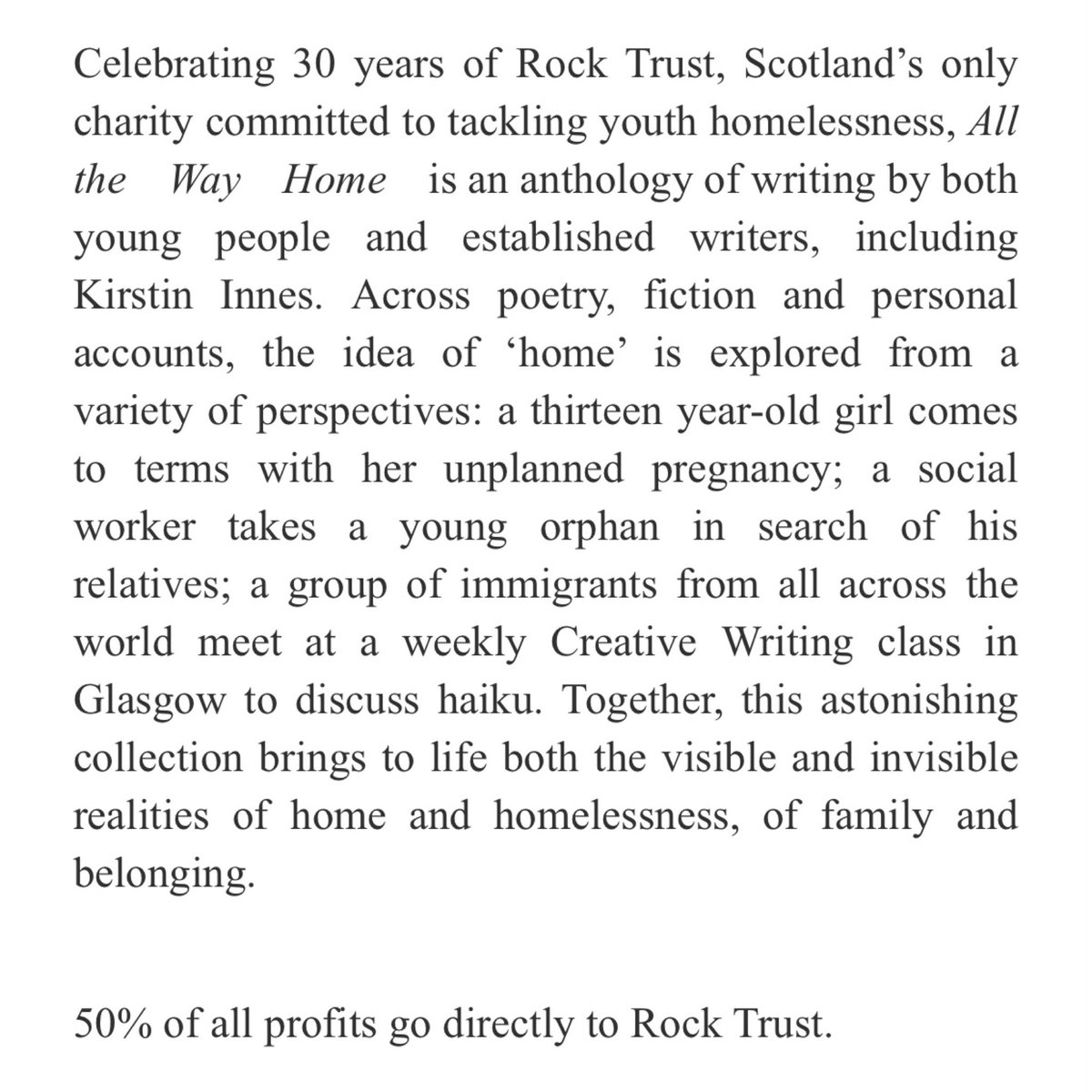 All The Way Home - An Anthology @RockTrust_tweet
@PressTaproot 
@lovebookstours 
#youthhomelessness #scotland #fiction #anthology #socialjustice #homelessness #poetry #publishing #scottishpublisher My review instagram.com/p/Cefrqb_AMgO/ ⭐️⭐️⭐️⭐️⭐️