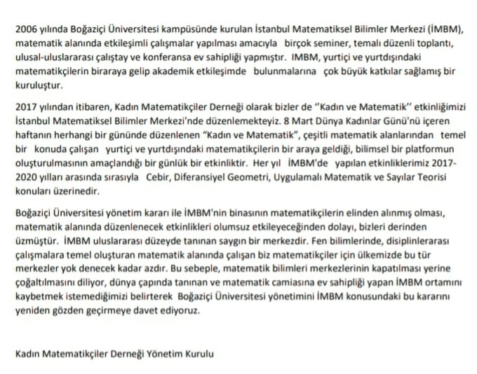 Kadın Matematikçiler Derneği Yönetim Kurulu'nun Istanbul Matematiksel Bilimler Merkezi'nin <a href="/IMBM_ICMS/">İMBM</a> karşılaştığı durumla ilgili olarak görüşleri ektedir.